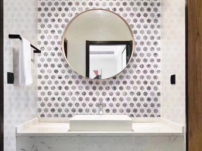 Azulexo de mármore branco Starlight Mosaico de estrelas grises para baño, parede, cociña contra salpicaduras (5)