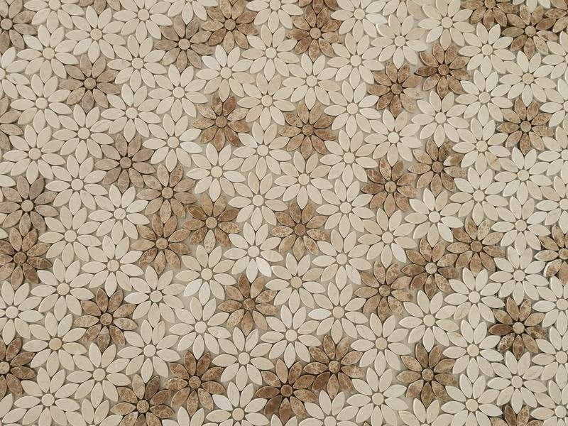 https://www.wanpomosaic.com/waterjet-crema-marfil-and-light-emperador-marble-flower-mosaic-tile-product/