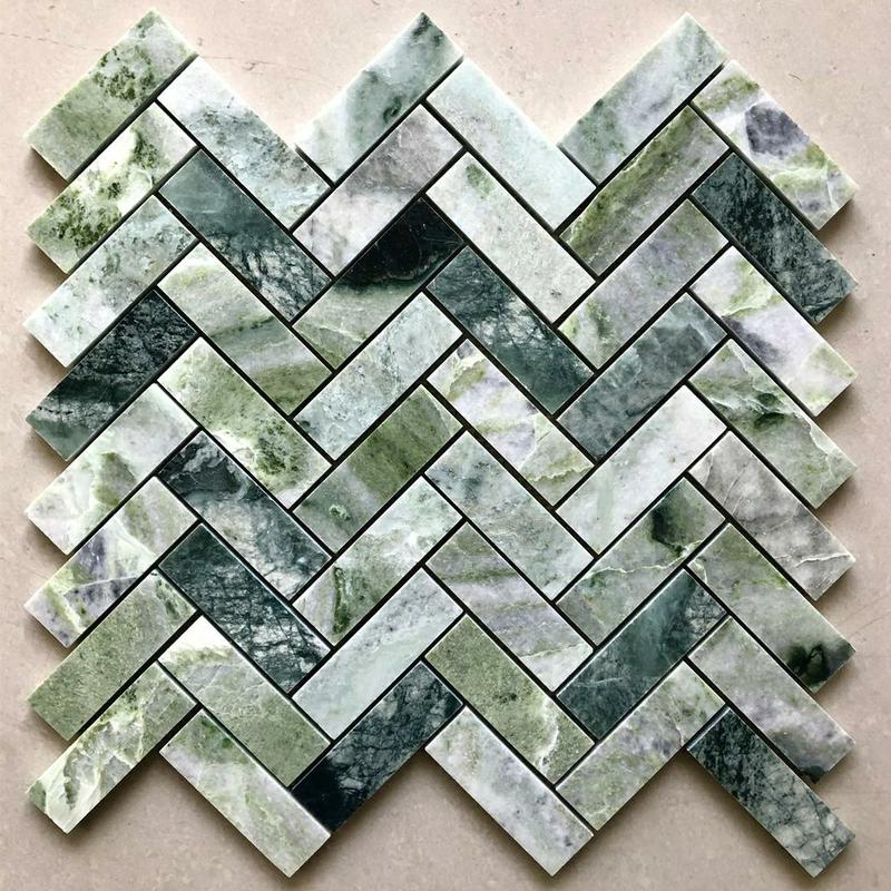 https://www.wanpomosaic.com/natural-green-marble-herringbone-mosaic-stone-tile-backsplash-product/