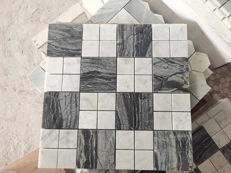 Black Silver Wave Marble And Carrara White Square Tile Mosaic For Bathroom Wall Tile (7)
