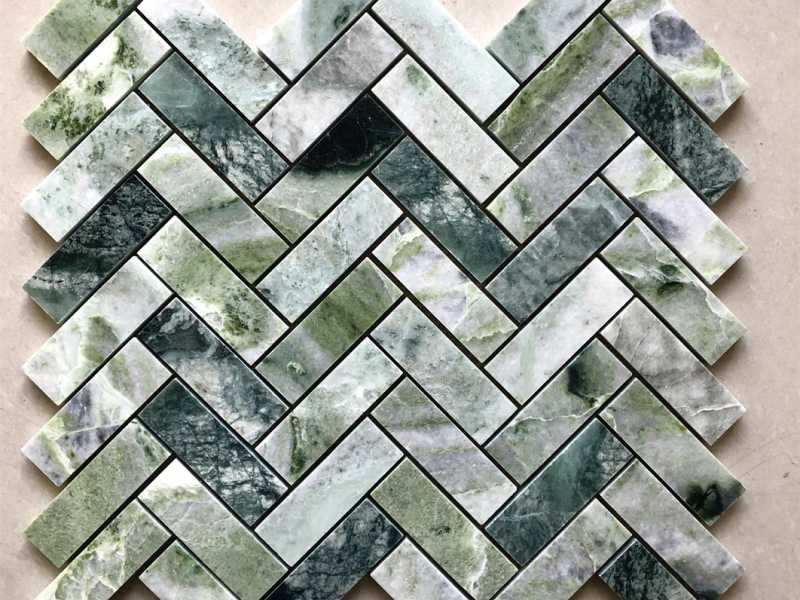 Natural Green Marble Herringbone Mosaic Stone Tile Backsplash WPM382B