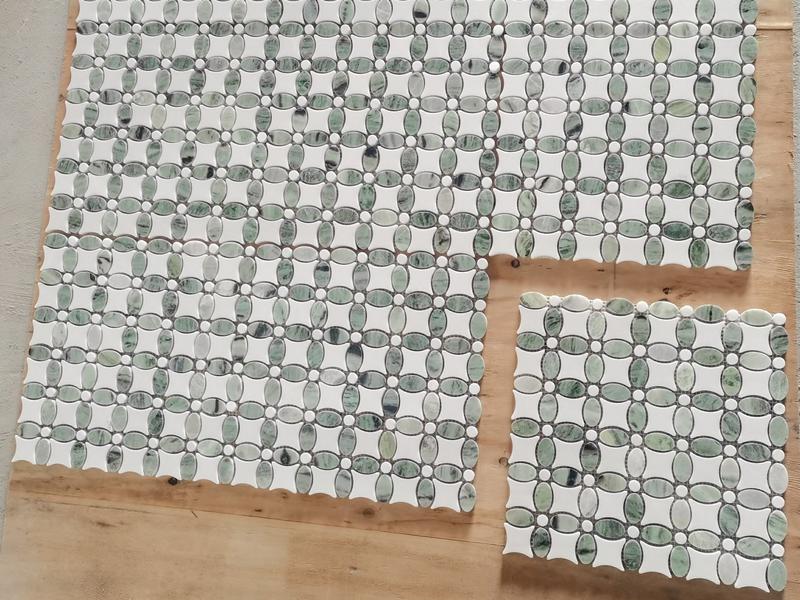 https://www.wanpomosaic.com/modern-design-white-and-green-waterjet-marble-mosaic-lily-flower-tile-product/